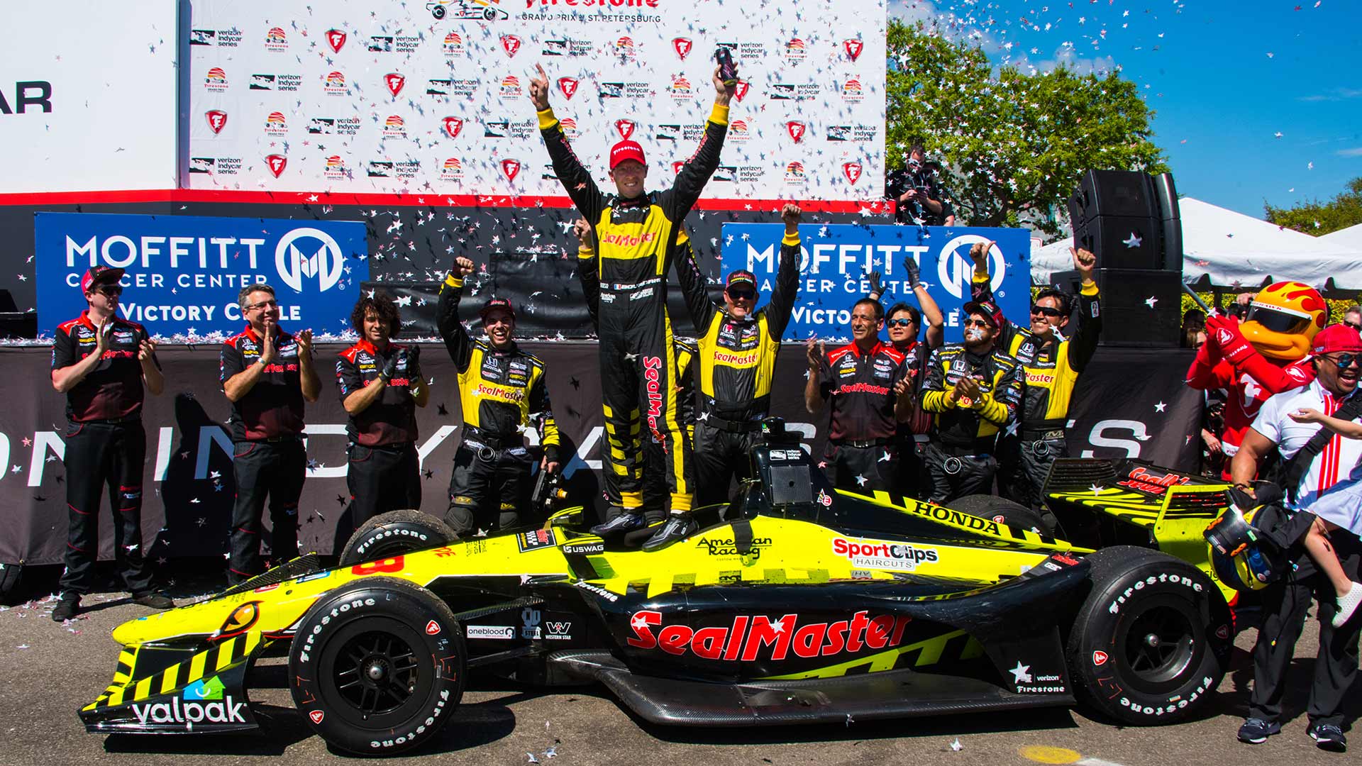 Sebastien Bourdais Celebrates his win in the Moffitt Cancer Center Victory Circle